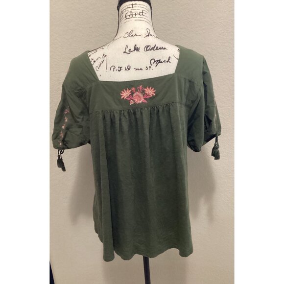 Time and Tru Green Boho Square Neck Embroidered Top W/Pink Floral Details - Picture 6 of 6